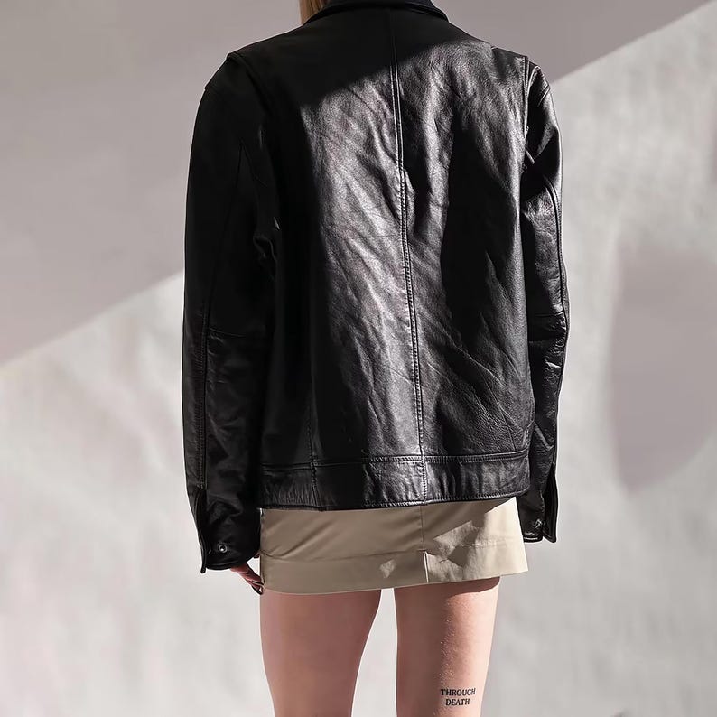 1990 Ladies Pure black Leather Bomber jacket, Women Oversized Straight Cut Sheep Leather, Women's Soft Casual jacket, Gift streetwear outfit
